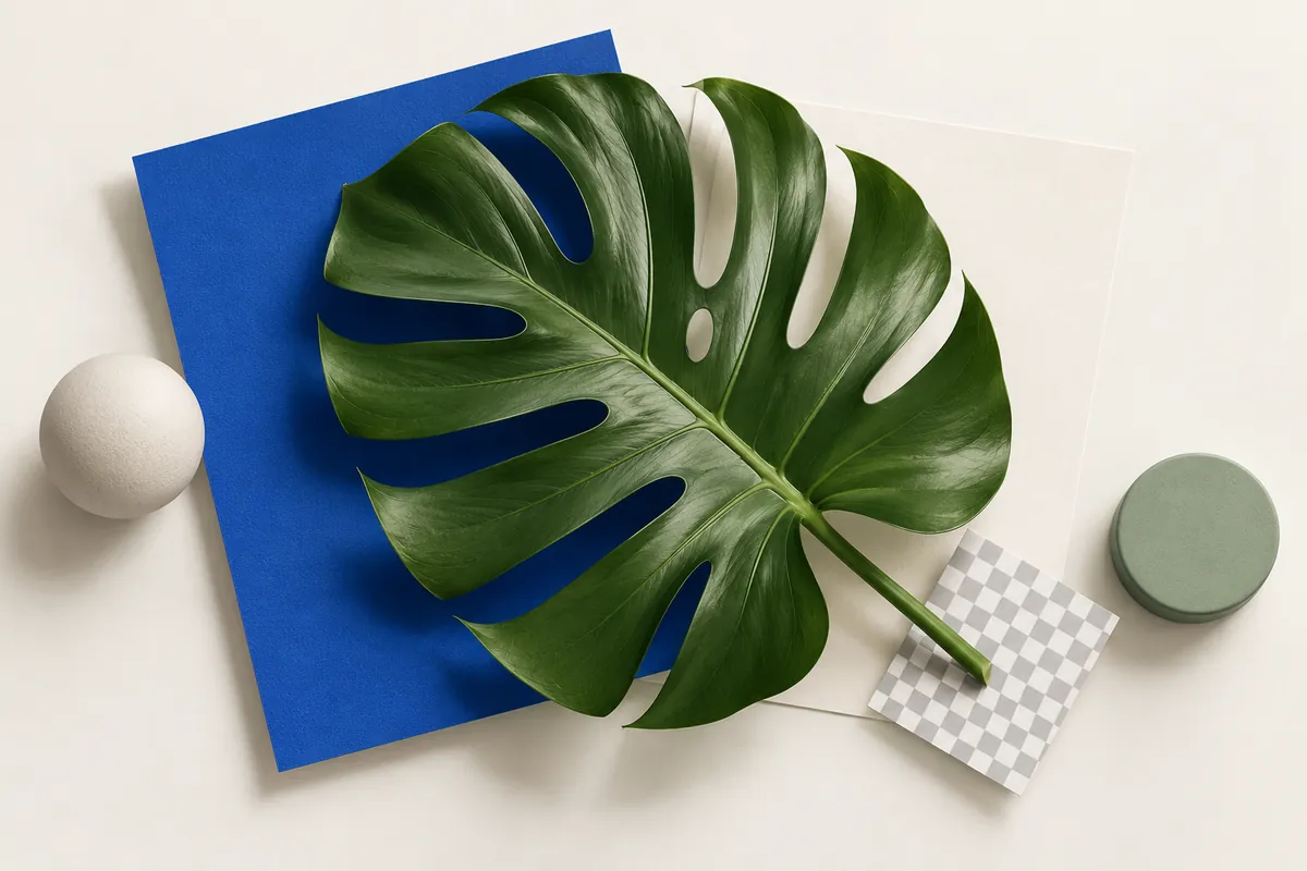 A leaf silhouette over blue and ivory cards beside a transparency checkerboard.