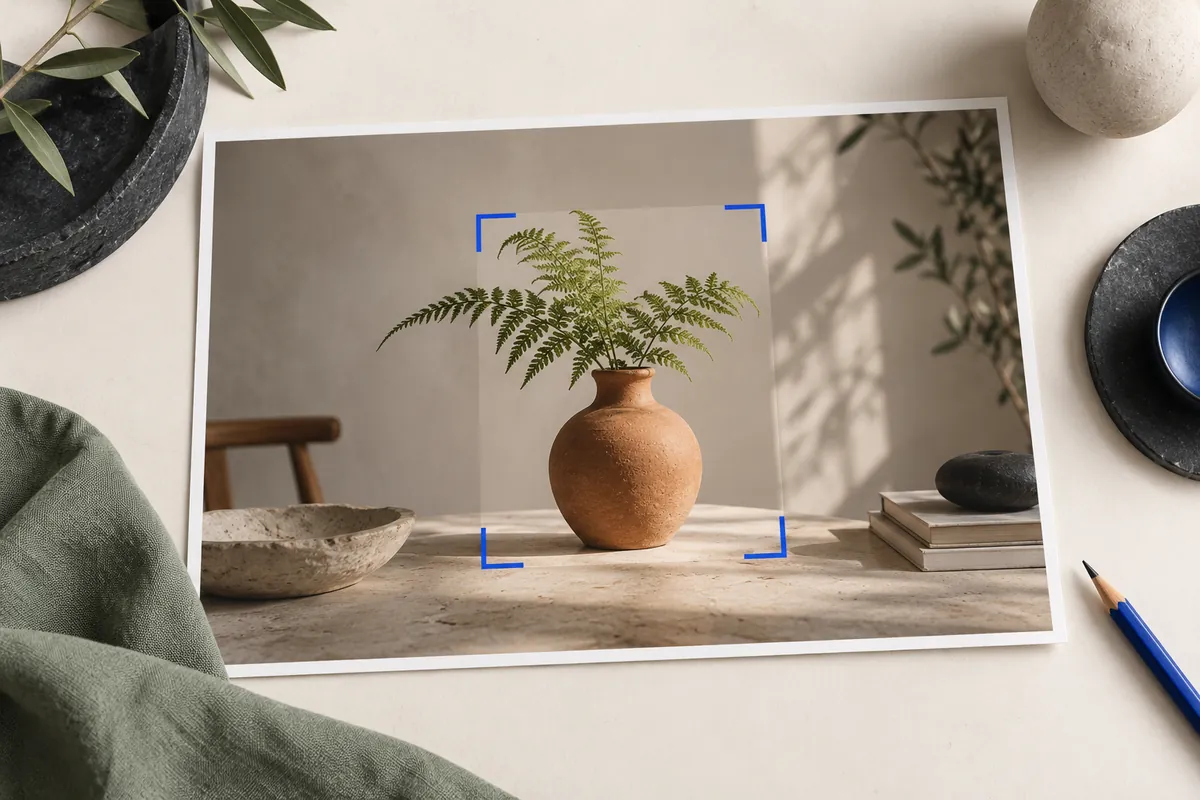 Blue crop corners frame the vase within a wider botanical photograph.
