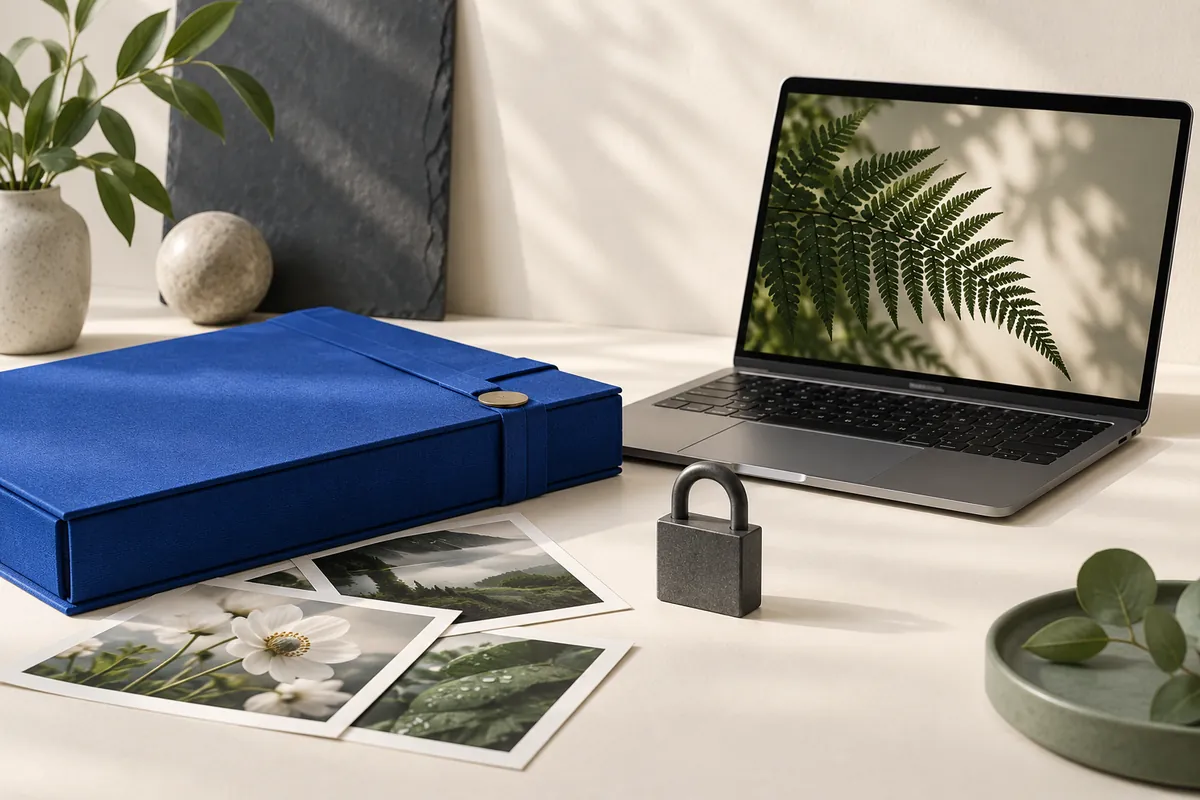 A laptop displaying a fern beside a closed photo portfolio and a padlock.